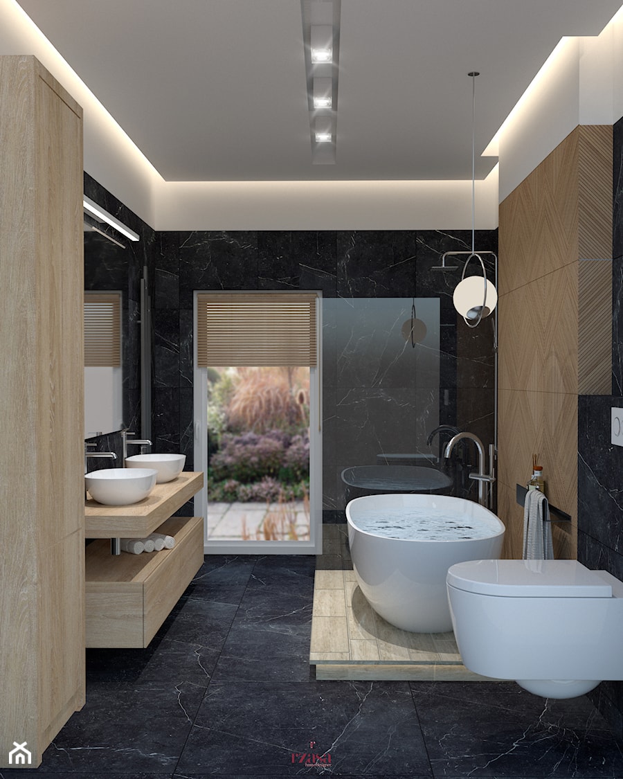 Black Onyx - Średnia z dwoma umywalkami z punktowym oświetleniem łazienka z oknem, styl nowoczesny - zdjęcie od Rząsa Home Designer