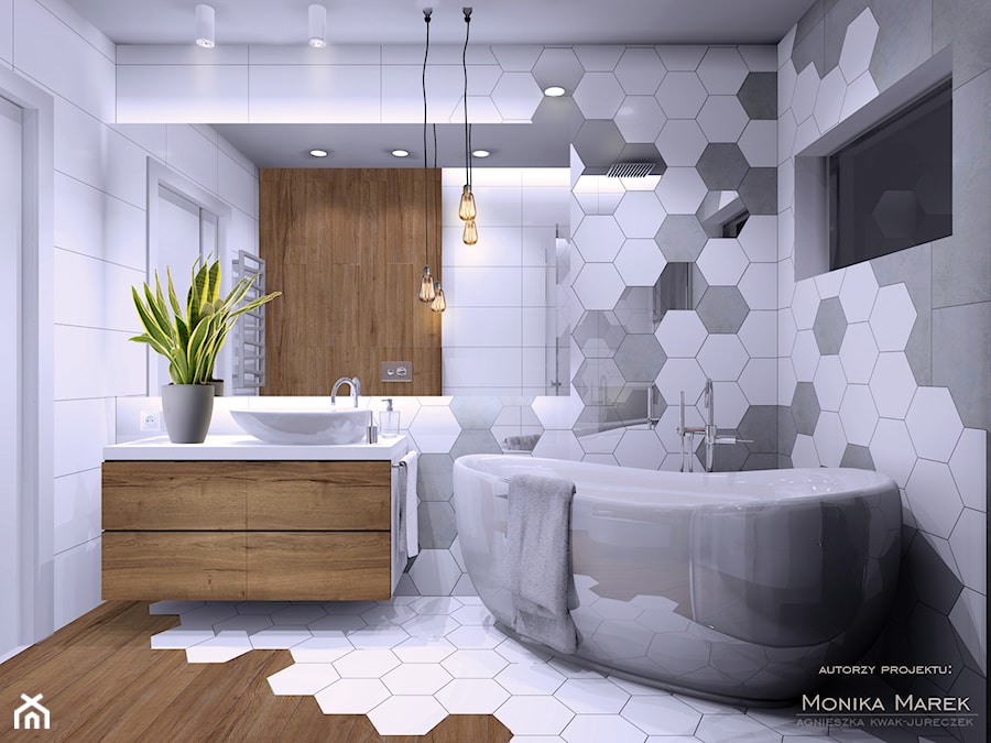 łazienka z heksagonami w domu w Gliwicach - zdjęcie od MARKOWNIA studio architektury