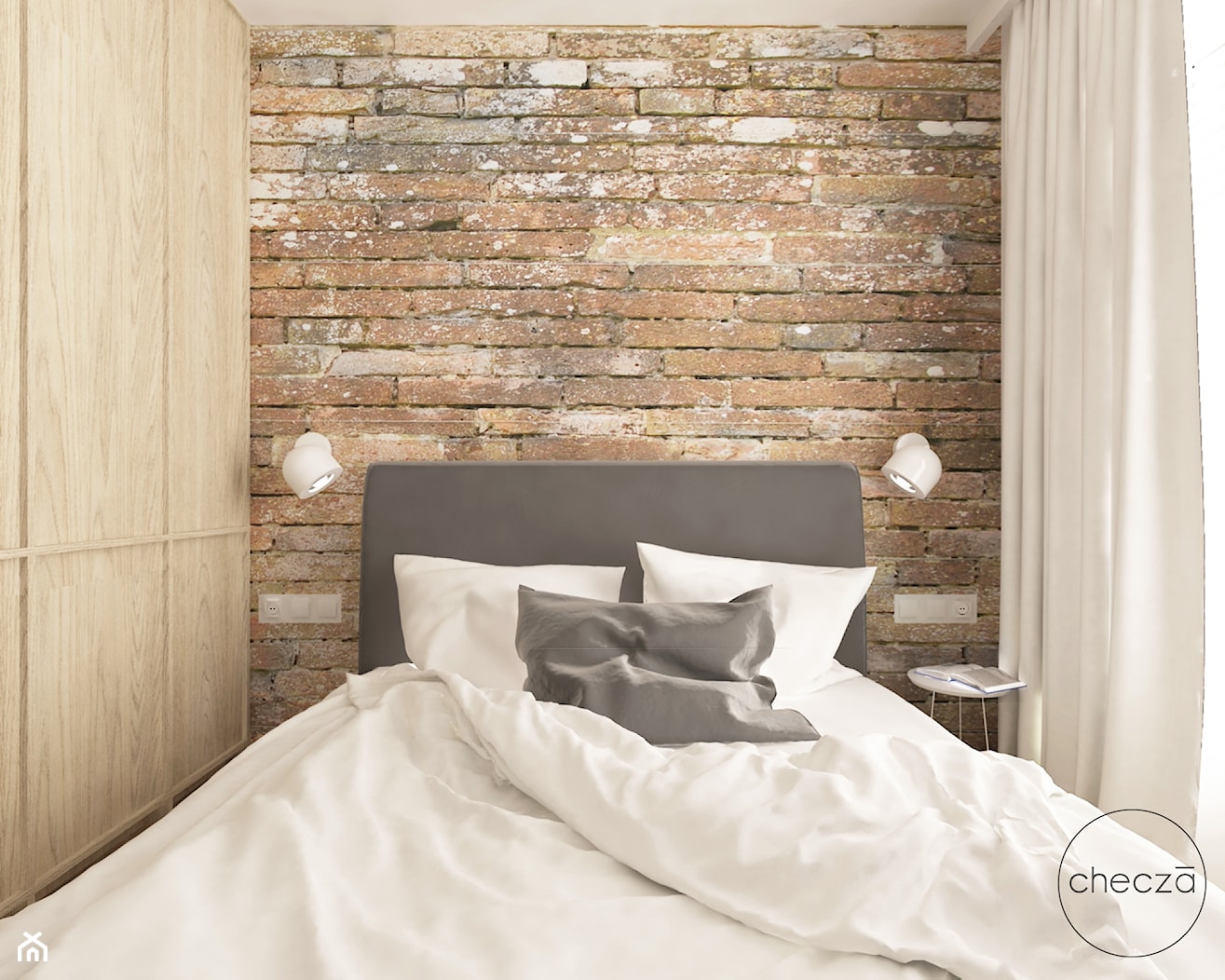 Sypialnia ze ściana z cegły - zdjęcie od Checza studio projektowe - Homebook