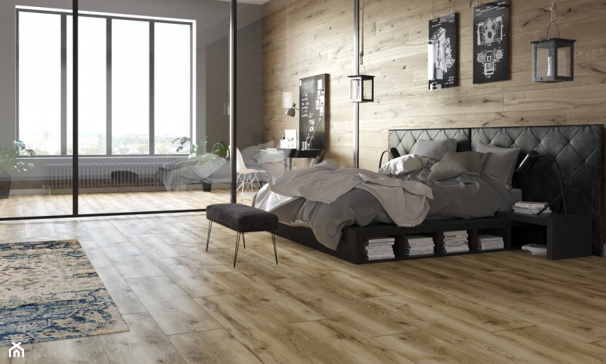 panele drewnopodobne winylowe, panele na podłodze, nowoczesna sypialnia
