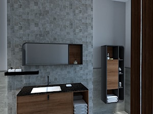 Łazienka w odcieniach szarości z drewnianymi dodatkami - zdjęcie od Modelim