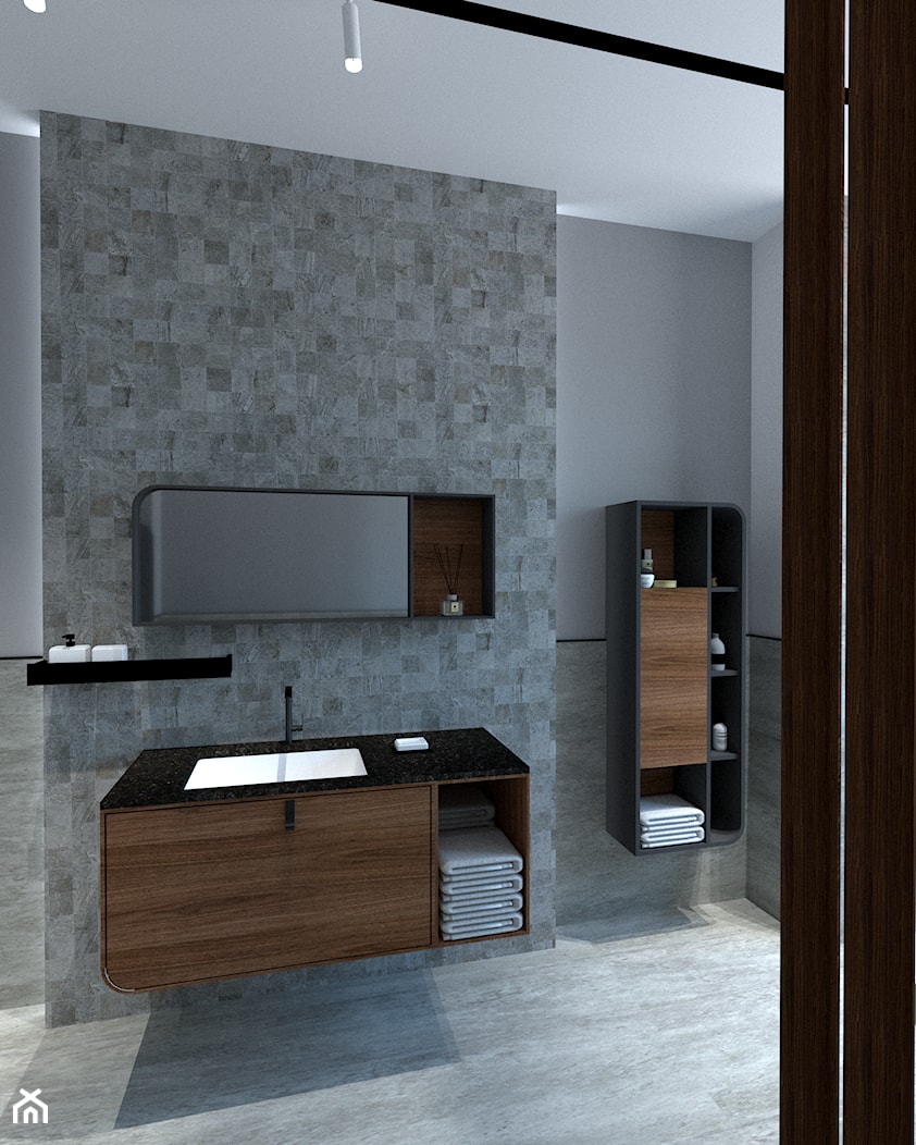 Łazienka w odcieniach szarości z drewnianymi dodatkami - zdjęcie od Modelim - Homebook
