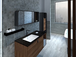 Łazienka w odcieniach szarości z drewnianymi dodatkami - zdjęcie od Modelim