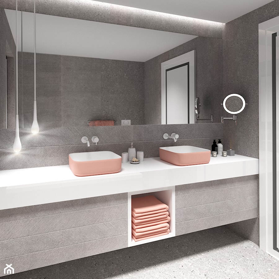 Łazienka w odcieniach szarości z różowym akcentem - zdjęcie od Modelim