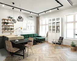 Mieszkanie w kamienicy w stylu BOHO - Mały biały salon z kuchnią z jadalnią z bibiloteczką, styl vi ... - zdjęcie od KAT interiors - Homebook