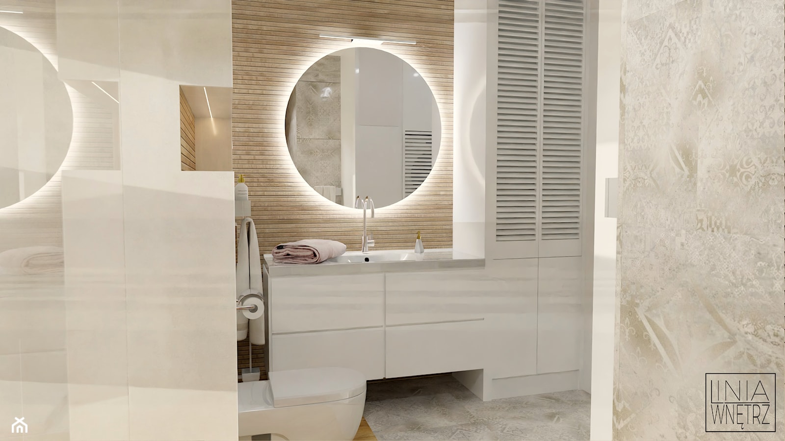Jasna łazienka z okrągłym lustrem. - zdjęcie od LINIA WNĘTRZ - PROJEKTOWANIE WNĘTRZ DOMÓW I MIESZKAŃ - Homebook