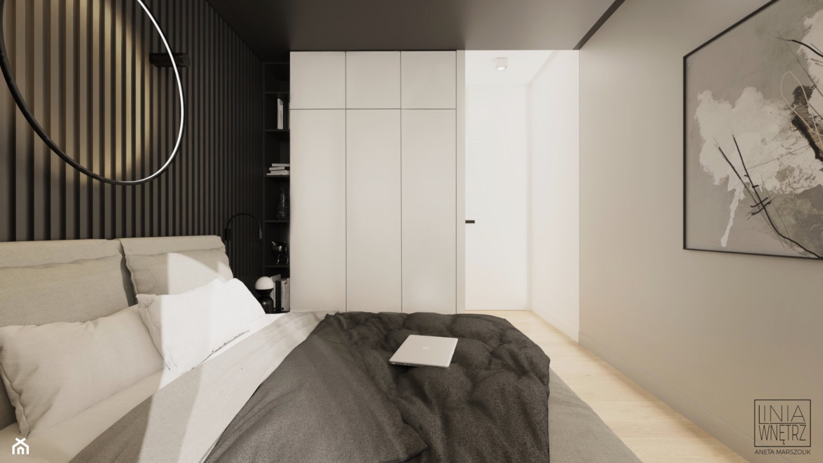 Czarno-biała sypialnia z beżowym akcentem - zdjęcie od LINIA WNĘTRZ - PROJEKTOWANIE WNĘTRZ DOMÓW I MIESZKAŃ - Homebook