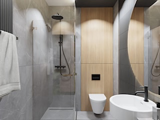 Nowoczesna szara łazienka z drewnianym akcentem