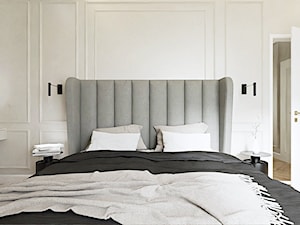 Duże, szare wezgłowie w sypialni w stylu klasycznym - zdjęcie od LINIA WNĘTRZ - PROJEKTOWANIE WNĘTRZ DOMÓW I MIESZKAŃ
