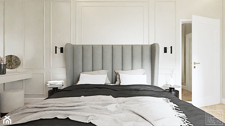 Duże, szare wezgłowie w sypialni w stylu klasycznym - zdjęcie od LINIA WNĘTRZ - PROJEKTOWANIE WNĘTRZ DOMÓW I MIESZKAŃ