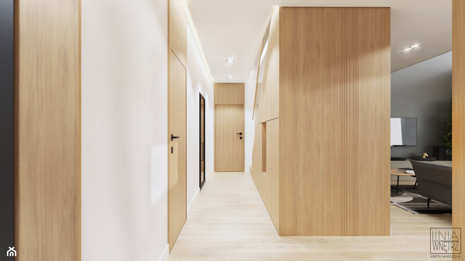 Biały korytarz z drewnem - zdjęcie od LINIA WNĘTRZ - PROJEKTOWANIE WNĘTRZ DOMÓW I MIESZKAŃ - Homebook