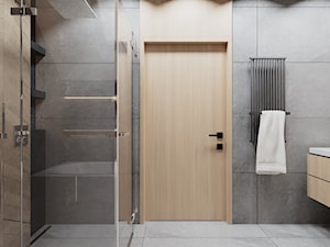 Szara, klimatyczna łazienka z drewnianym akcentem - zdjęcie od LINIA WNĘTRZ - PROJEKTOWANIE WNĘTRZ DOMÓW I MIESZKAŃ