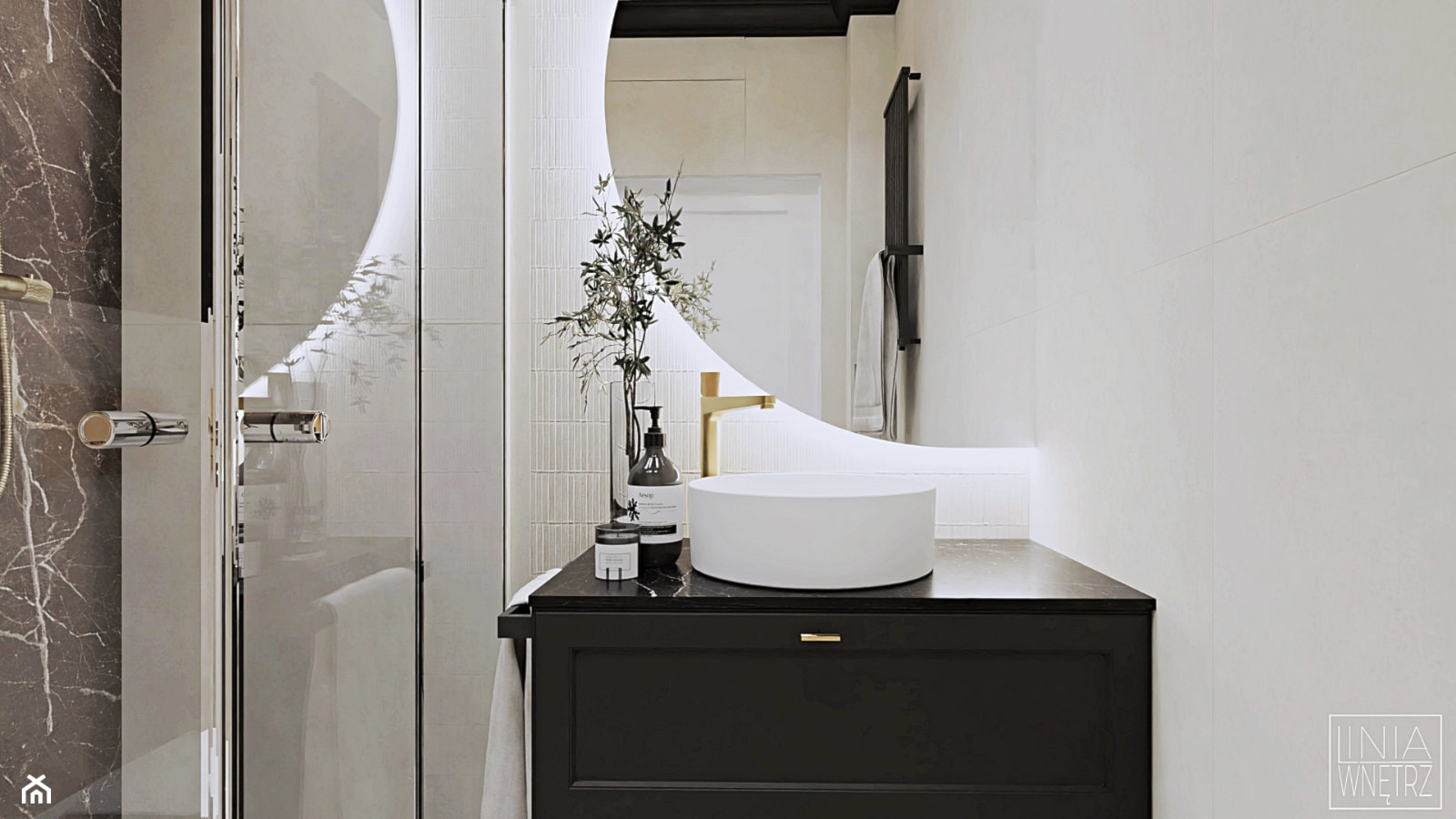 Półokrągłe lustro w małej łazience - zdjęcie od LINIA WNĘTRZ - PROJEKTOWANIE WNĘTRZ DOMÓW I MIESZKAŃ - Homebook