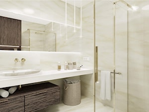 Projekt jasnej małej łazienki ze złotymi dodatkami w domu jednorodzinnym z dużym podświetlanym lustr ... - zdjęcie od LINIA WNĘTRZ - PROJEKTOWANIE WNĘTRZ DOMÓW I MIESZKAŃ