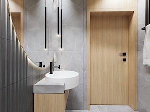 Nowoczesna szara łazienka z drewnianym akcentem