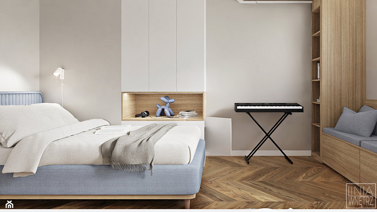 Błękitne łóżko tapicerowane w pokoju dziecięcym - zdjęcie od LINIA WNĘTRZ - PROJEKTOWANIE WNĘTRZ DOMÓW I MIESZKAŃ - Homebook