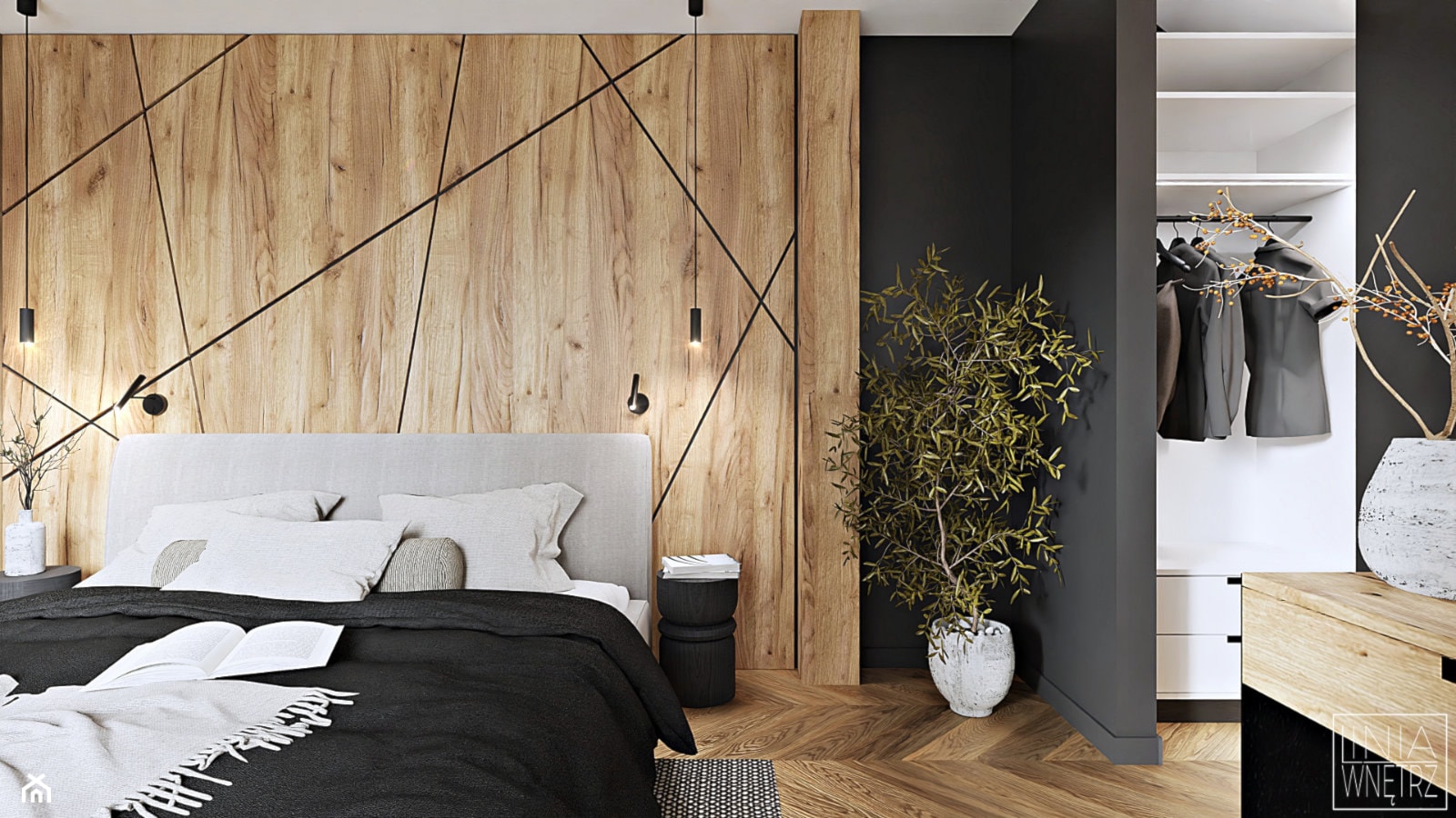 Przytulna sypialnia z drewnem - zdjęcie od LINIA WNĘTRZ - PROJEKTOWANIE WNĘTRZ DOMÓW I MIESZKAŃ - Homebook