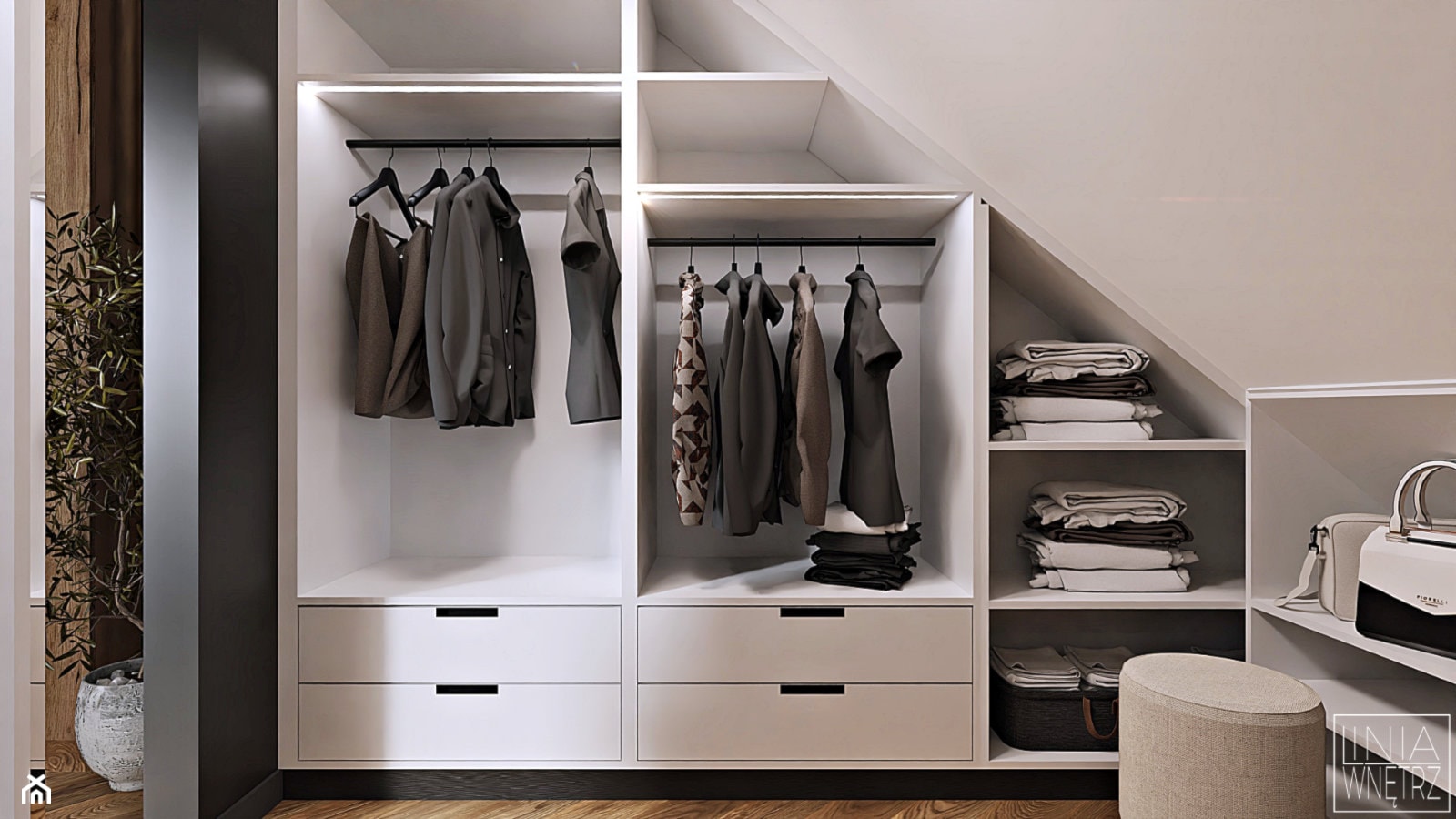 Otwarte szafy w garderobie - zdjęcie od LINIA WNĘTRZ - PROJEKTOWANIE WNĘTRZ DOMÓW I MIESZKAŃ - Homebook