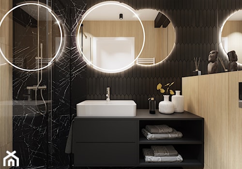 Czarna łazienka z okrągłymi lustrami - zdjęcie od LINIA WNĘTRZ - PROJEKTOWANIE WNĘTRZ DOMÓW I MIESZKAŃ