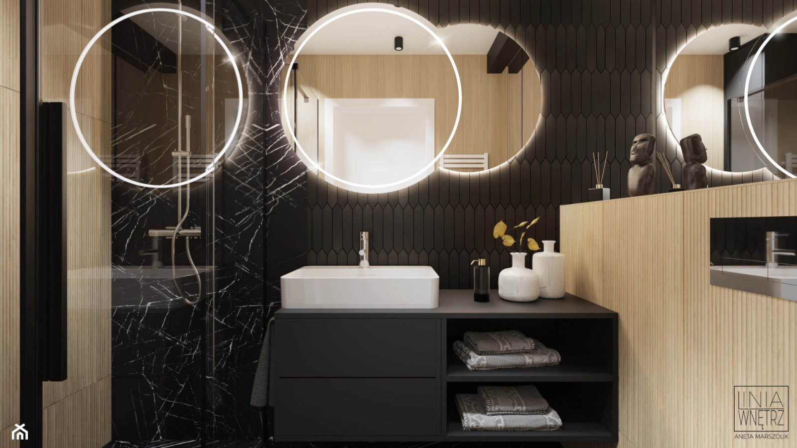 Czarna łazienka z okrągłymi lustrami - zdjęcie od LINIA WNĘTRZ - PROJEKTOWANIE WNĘTRZ DOMÓW I MIESZKAŃ - Homebook