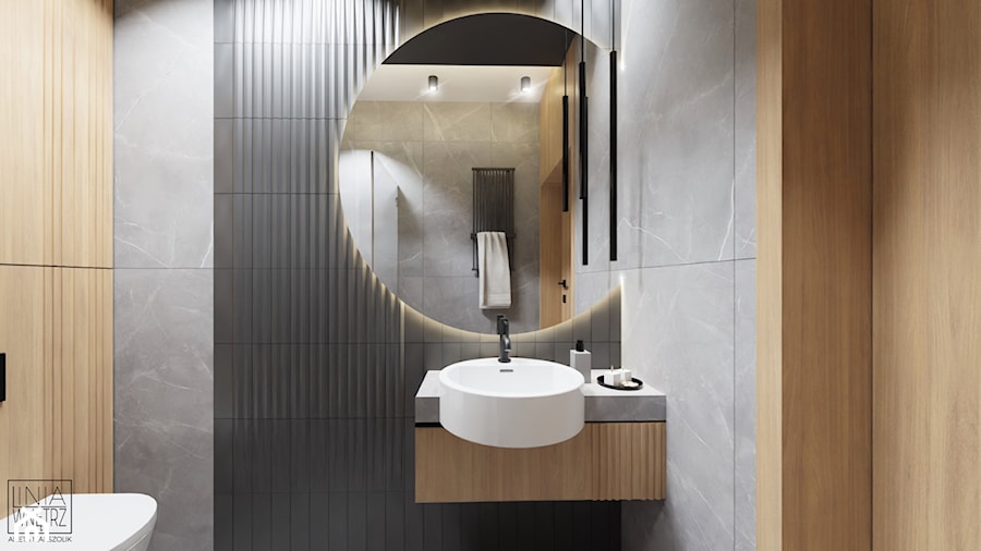 Okrągłe lustro w nowoczesnej łazience - zdjęcie od LINIA WNĘTRZ - PROJEKTOWANIE WNĘTRZ DOMÓW I MIESZKAŃ