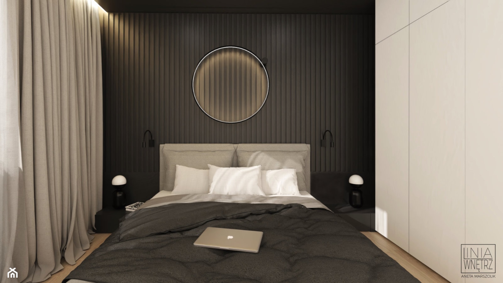 Czarne lamele i sufit w sypialni - zdjęcie od LINIA WNĘTRZ - PROJEKTOWANIE WNĘTRZ DOMÓW I MIESZKAŃ - Homebook
