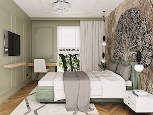 Zielona sypialnia z wyrazistą tapetą - zdjęcie od LINIA WNĘTRZ - PROJEKTOWANIE WNĘTRZ DOMÓW I MIESZKAŃ