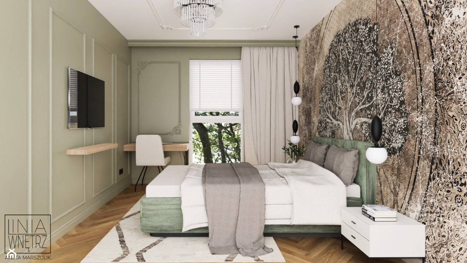 Zielona sypialnia z wyrazistą tapetą - zdjęcie od LINIA WNĘTRZ - PROJEKTOWANIE WNĘTRZ DOMÓW I MIESZKAŃ - Homebook