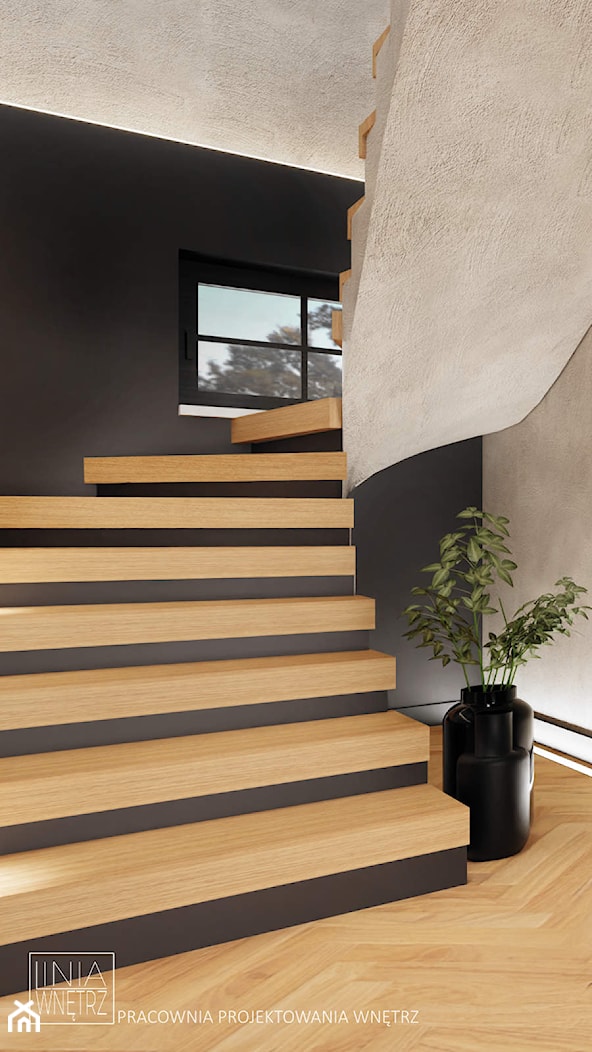 Surowe schody z ciepłem drewna - zdjęcie od LINIA WNĘTRZ - PROJEKTOWANIE WNĘTRZ DOMÓW I MIESZKAŃ - Homebook