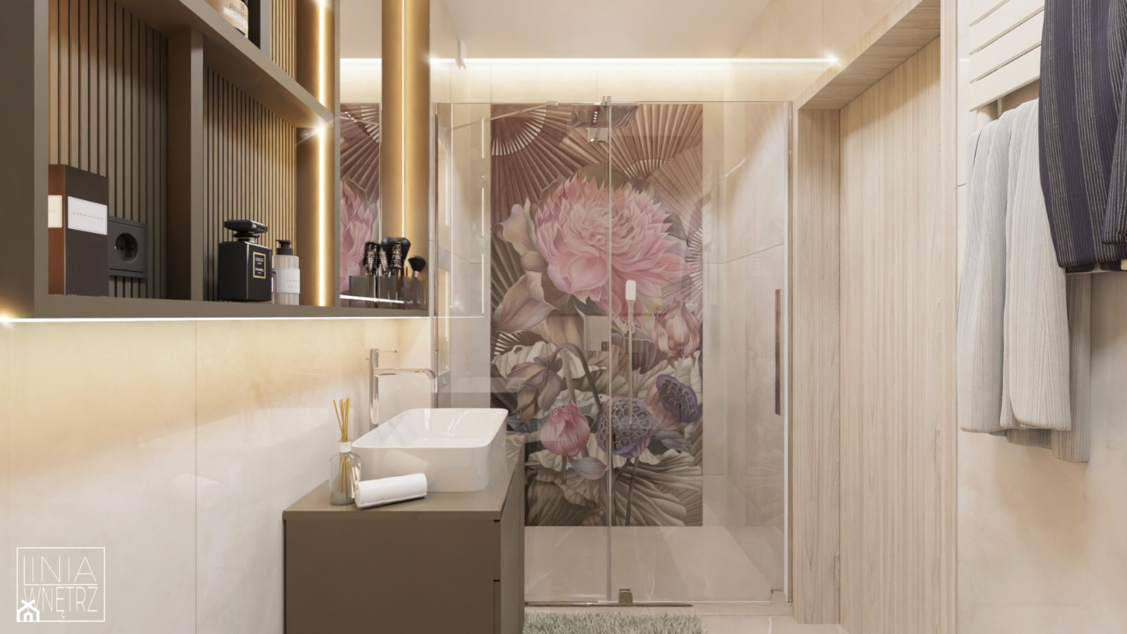 Projekt przytulnej, eleganckiej łazienki z różowym akcentem - zdjęcie od LINIA WNĘTRZ - PROJEKTOWANIE WNĘTRZ DOMÓW I MIESZKAŃ - Homebook