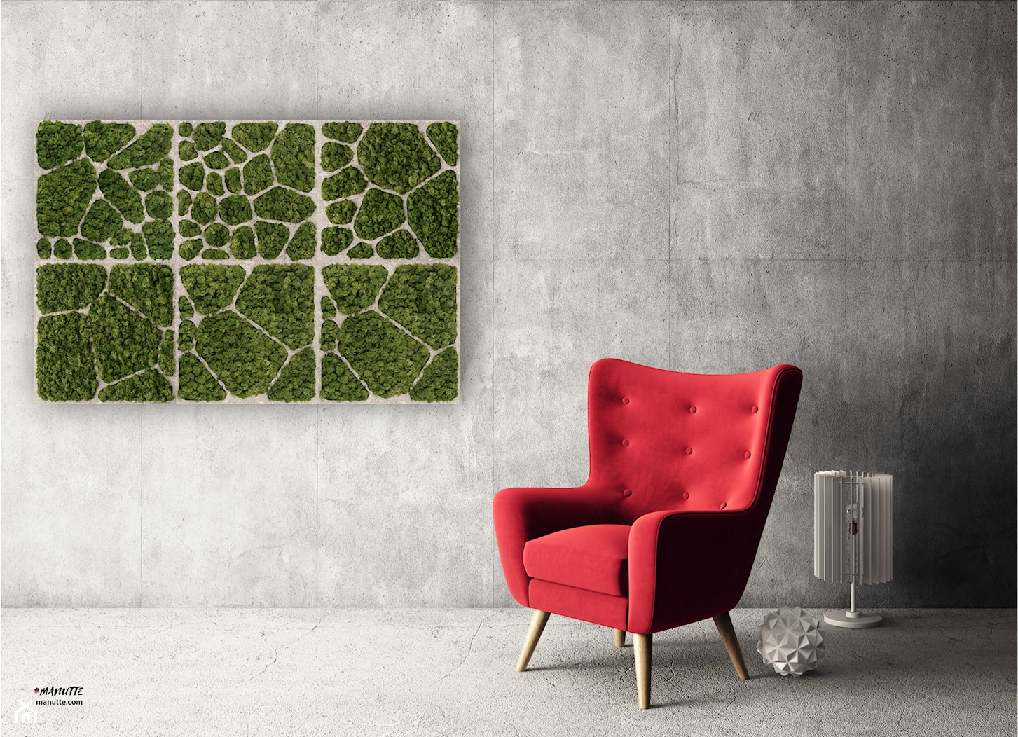 Dekoracja ścienna z naturalnego mchu oraz betonu, w rozmiarze 150×100 cm | CELL #61 - zdjęcie od OVO - Homebook
