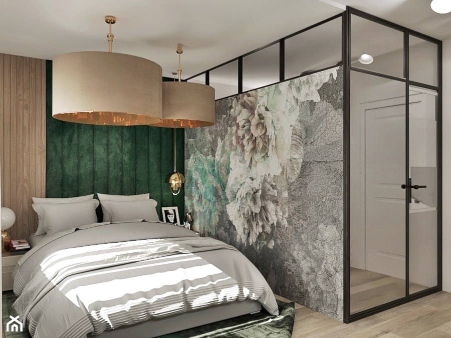 Projekt sypialni - Średnia zamknięta z frontami z lustrem garderoba oddzielne pomieszczenie, styl industrialny - zdjęcie od Żeromska Projektowanie wnętrz