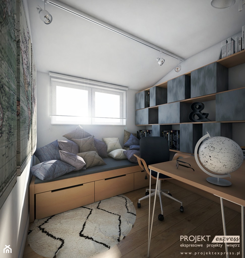 Małe domowe biuro na poddaszu - Home Office - w stylu nowoczesnym, tylko 7 mkw! - zdjęcie od PROJEKT express - Homebook