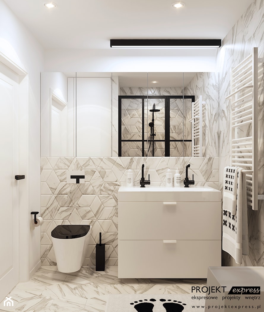 Elegancka łazienka z loftowymi drzwiami i marmurową płytką heksagonalną - 8 mkw - zdjęcie od PROJEKT express - Homebook
