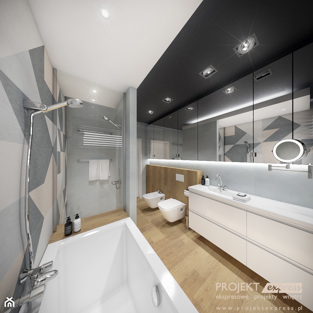 Pastelowa łazienka z bidetem, natryskiem i wanną - powierzchnia 7,5 mkw - zdjęcie od PROJEKT express - Homebook
