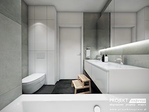 Łazienka dla dzieci z płytką jodełką na ścianie - wanna, prysznic, 2 umywalki, wc - 5,5 mkw - zdjęcie od PROJEKT express
