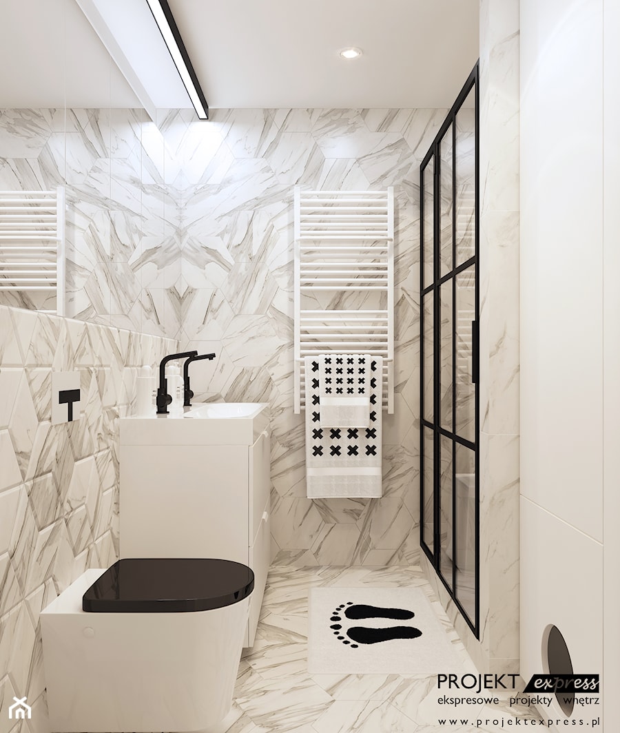 Elegancka łazienka z loftowymi drzwiami i marmurową płytką heksagonalną - 8 mkw - zdjęcie od PROJEKT express