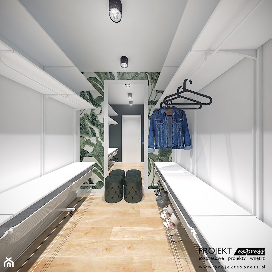 Funkcjonalna garderoba IKEA z tapetą w zielone egzotyczne liście - 4 mkw - zdjęcie od PROJEKT express