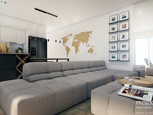 Salon z aneksem kuchennym i korkową mapą świata na ścianie - 24 mkw - zdjęcie od PROJEKT express