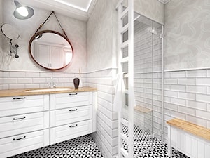 Mała łazienka z prysznicem - 5 mkw - płytki cegiełki metro