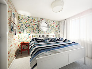 Kolorowa sypialnia z cegłą i tradycyjną skandynawską tapetą - 12 mkw