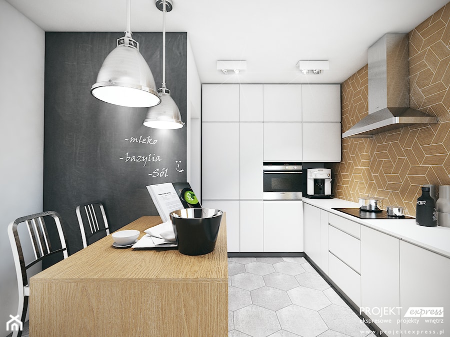 Nowoczesna kuchnia z betonową płytką heksagonalną i drewnianą mozaiką - 11,5 mkw - zdjęcie od PROJEKT express
