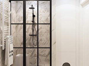 Łazienka z loftowymi drzwiami, marmurowa płytka heksagonalna 8,5 mkw