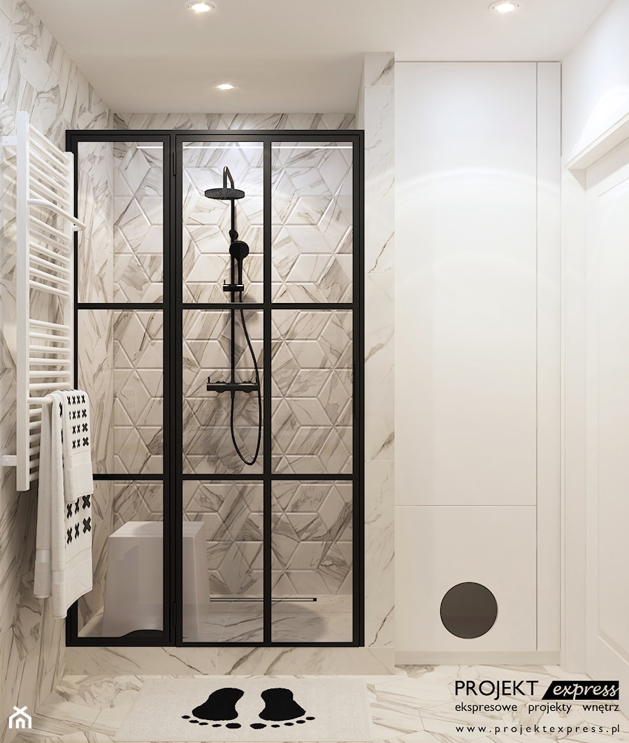 Elegancka łazienka z loftowymi drzwiami i marmurową płytką heksagonalną - 8 mkw - zdjęcie od PROJEKT express