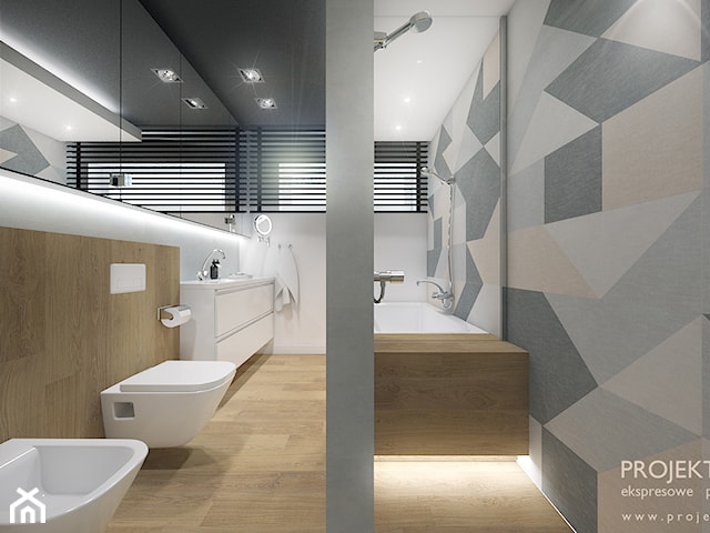 Pastelowa łazienka z ciemnym sufitem - styl nowoczesny