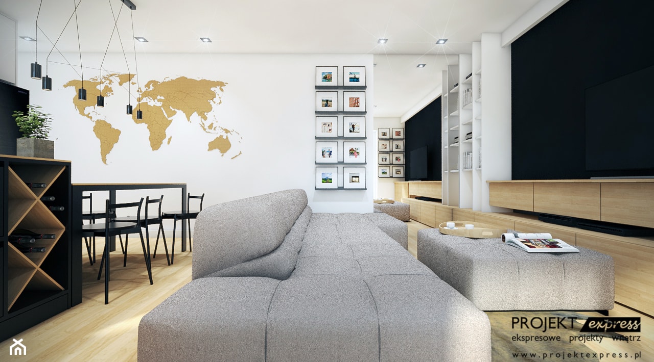 Salon z aneksem kuchennym i korkową mapą świata na ścianie - 24 mkw - zdjęcie od PROJEKT express - Homebook