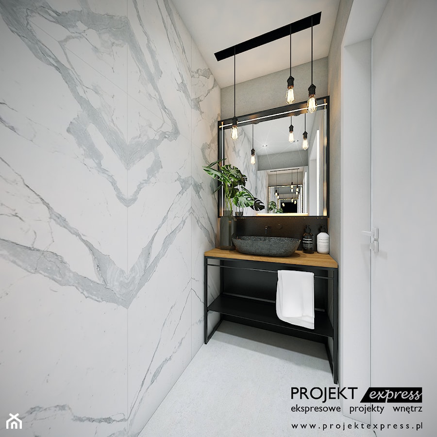 Łazienka z kamienną umywalką i spiekiem kwarcowym - 2 mkw - zdjęcie od PROJEKT express