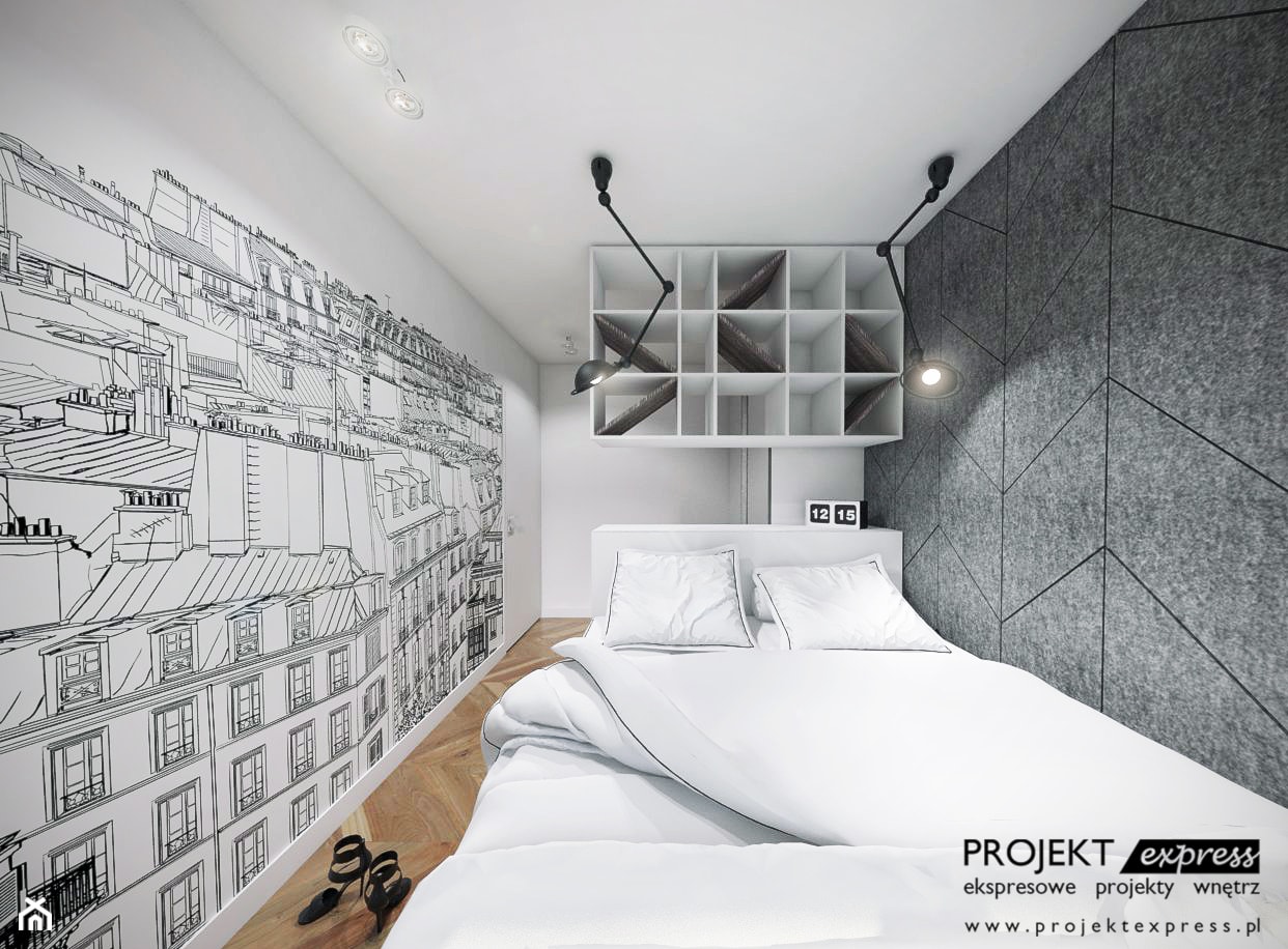 Biała sypialnia z fototapetą - dachy Paryża - zdjęcie od PROJEKT express - Homebook