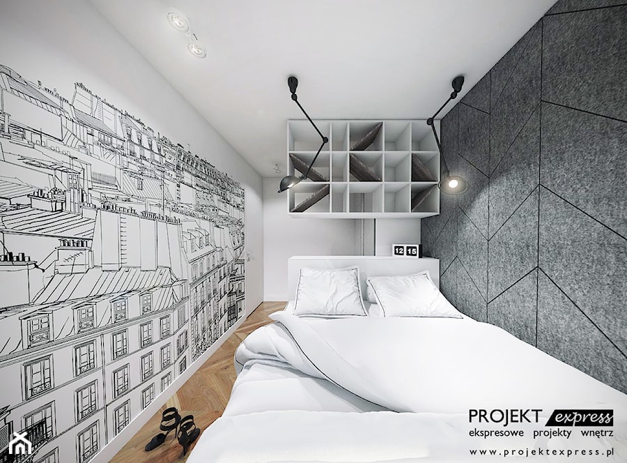 Biała sypialnia z fototapetą - dachy Paryża - zdjęcie od PROJEKT express
