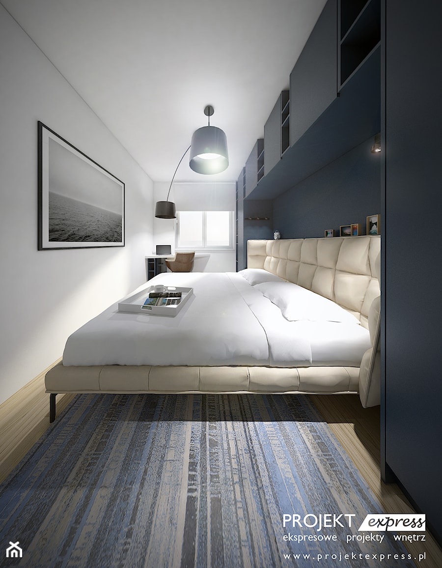 Sypialnia z granatem i beżowym łóżkiem tapicerowanym - zdjęcie od PROJEKT express